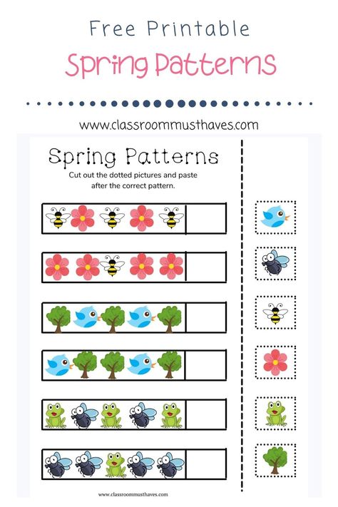 Recognize and complete patterns with the free Spring Patterns Cut & Paste Worksheet. Great for Preschool and Kindergarten. What comes next? Spring Worksheets Preschool Free, Free Spring Activities For Preschool, Spring Patterns Preschool, Patterns For Preschool Free Printables, Preschool Patterns Printables Free, Patterns Worksheets For Preschool, Spring Math Activities Preschool, Complete The Pattern Worksheet, Spring Theme Preschool Activities