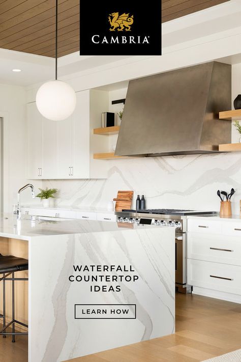 Create a dramatic effect in your kitchen with a quartz waterfall countertop. The continuous flow of surface material creates a visually sleek appearance that is incredibly luxe. Learn more about the latest kitchen design trend and some key considerations on how to include it in your kitchen remodel. Design featured: Brittanicca Warm™ Spanish Modern Kitchen, Kitchen Island Quartz, Green Kitchen Backsplash, Waterfall Island Kitchen, Waterfall Countertop, Functional Kitchen Island, Cambria Countertops, Marble Interior, Classy Kitchen