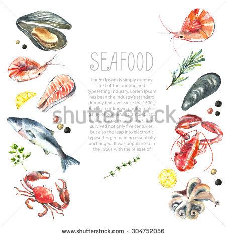 Seafood Art, Fresh Branding, Ocean Food, Food Illustration Design, Watercolor Frame, Crab Stuffed Shrimp, Recipe Drawing, Food Stock, Food Sketch