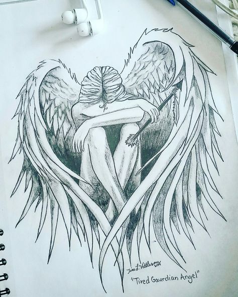 Seen one like this on pintrest not too long ago,but cant find my indpiration original again after printing it to look at.... here is My attempt. #pencildrawing #Angel Angel Sketch, Angel Wings Drawing, Pencil Drawings For Beginners, Angel Drawing, Dreamy Artwork, Cool Pencil Drawings, Ange Demon, Tattoo Style Drawings, Angel Painting