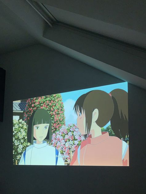 Spirited away projector cozy room vibes Anime Projector Room, Room Projector Aesthetic, Dorm Projector, Film Projector Aesthetic, Movie Projector Bedroom, Projector In Room, Bedroom With Projector, Projector Window, Shoujo Room