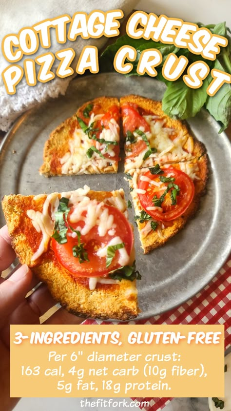 3-Ingredient Cottage Cheese Pizza Crust (Low Carb, Gluten Free, Protein) - thefitfork.com 3 Ingredient Cottage Cheese Flatbread, Cheese Pizza Crust, Cottage Cheese Pizza, Keto Pizza Crust Recipe, Cheese Crust Pizza, Gluten Free Pizza Crust, Gluten Free Protein, Protein Food, Cheese Crust