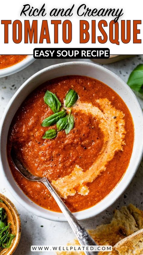 This homemade tomato bisque is rich, creamy, and full of flavor. Easy recipe that's ready in less than an hour. Comforting and delicious! Healthy Delicious Soups, Tomato Bisque Recipe, Vegetarian Tortilla Soup, Tomato Bisque Soup, Bisque Soup, Hearty Soup Recipes, Making Grilled Cheese, Bisque Recipe, Tomato Bisque