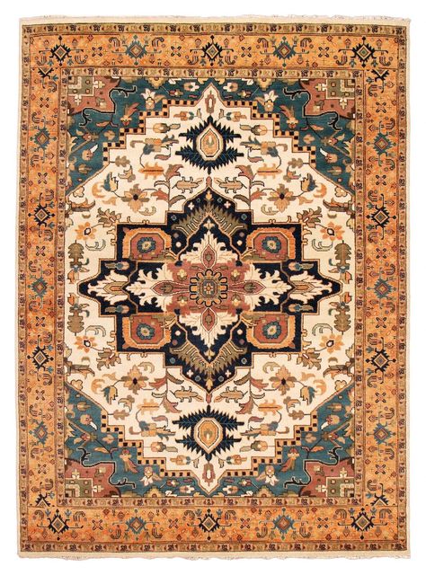 Turkish Rugs Afghan Rugs Indian Rugs Runner Rugs Flatweave & Kilim Rugs             Traditional Vintage Hand-Knotted Carpet 8'9" x 12'0" Wool Area Rug SKU: 414981 Rug Collection: Serapi Heritage Main Color: Cream Country of Origin: India Age: New Weave: Hand-knotted Material: 100% Wool Density: 50-80 kpsi Pile Height: Approx 1/2"                       Hand-knotted rug with antique Persian Heriz Serapi designs Bordered, Traditional style rug with Brown, Copper, Cream, Dark Navy, Light Orange, Olive, Teal accent colors Imported from India and crafted using the finest weaving techniques Hand-knotted and constructed from 100% Wool with 100% Cotton foundation 8-Feet 9-Inch by 12-Feet 0-Inch (266.7cm x 365.8cm)     TRUSTED EBAY SELLER SINCE 2000 View Our Feedback       About Us Contact Us