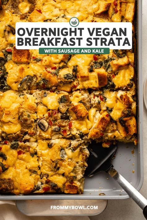 This Overnight Vegan Breakfast Strata is a savory breakfast casserole layered with sausage, kale, and creamy vegan cheese. The perfect weekend brunch! Savory Breakfast Casserole, Croissants Breakfast, Vegan Breakfast Casserole, Bowl Aesthetic, Sausage And Kale, Vegan Brunch Recipes, Breakfast Strata, Sausage Kale, Vegan Casserole