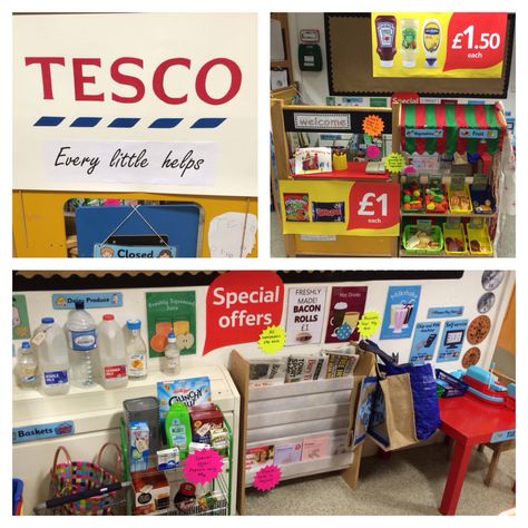 EYFS Tesco supermarket role play area Shop Role Play Area, Supermarket Role Play Area, Domestic Role Play Eyfs, Supermarket Role Play Eyfs, Supermarket Role Play, Food Topic Eyfs, Eyfs Role Play Area, Shop Role Play Eyfs, Role Play Areas Eyfs