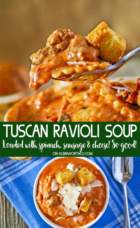 Tuscan Ravioli, Soup Sausage, Soup Party, Ravioli Soup, Beef Tomato, Sausage Spinach, Tuscan Soup, Spinach Cheese, Hearty Dinner Recipes