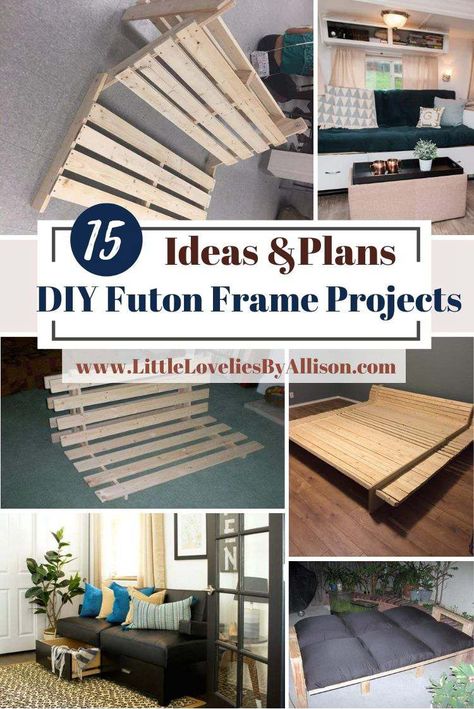 15 DIY Futon Frame Projects: Solid Wood Bed Frames Diy Futon Frame How To Make, Diy Futon Frame Plans, Futon Frame Diy, Futon Bed Diy, Diy Futon Frame, Pallet Futon, Futon Diy, Wooden Futon, Wood Futon Frame