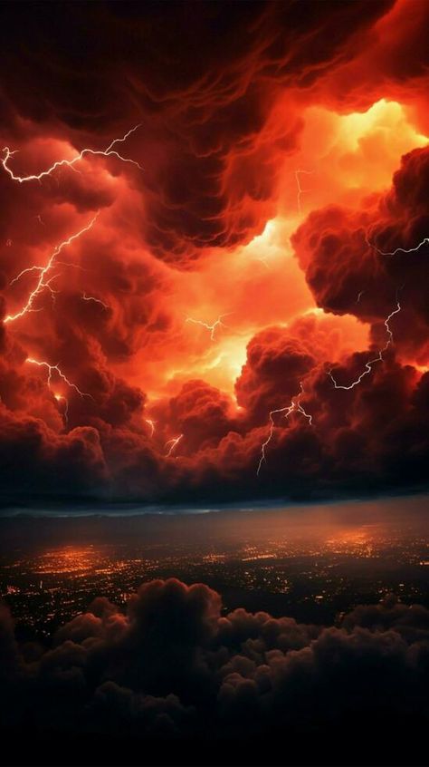 Apocalyptic scene red stormy sky pierced by dazzling lightning Vertical Mobile Wallpaper AI Generated Red Lightning Aesthetic, Red Sky Background, Action Background, City On Fire, Storm Aesthetic, Red Skies, Fire Background, Red Storm, Fire Wall