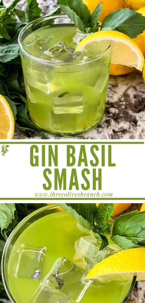 This Gin Basil Smash is a refreshing summer cocktail recipe! Made with lemon and basil herb Italian flavors. A bright spring citrus drink recipe that is vegan and gluten free. Gin Basil Smash, Basil Drinks, Tonic Cocktails, Basil Simple Syrup, Basil Cocktail, Basil Smash, Citrus Drinks, Tanqueray Gin, Basil Lemonade