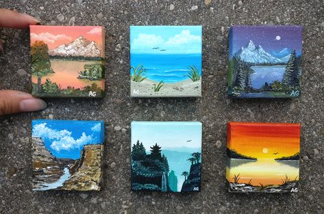 Mini oil paintings (2" x 2") #OilPaintingLandscape Mini Tela, Art Mini Toile, Mini Toile, Mini Oil Painting, Art Trippy, Bob Ross Paintings, Small Canvas Paintings, Small Canvas Art, Bob Ross