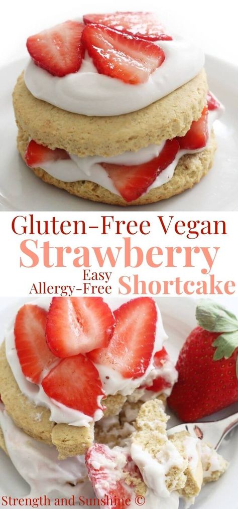 Gluten-Free Strawberry Shortcake (Vegan, Allergy-Free) | Strength and Sunshine | This easy homemade Gluten-Free Strawberry Shortcake recipe is vegan, allergy-free, and made completely from scratch with healthy ingredients you already have! With a simple tender and flaky biscuit, fresh juicy strawberries, and sweet dairy-free whipped cream, there's nothing not to love about this classic spring and summer dessert! Vegan Shortcake Recipe, Gluten Free Strawberry Shortcake Recipe, Vegan Shortcake, Vegan Strawberry Shortcake Cake, Gluten Free Dairy Free Strawberry Shortcake, Gluten Free Shortcake, Vegan Gluten Free Strawberry Shortcake, Vegan Strawberry Shortcake, Gluten Free Cupcakes Vanilla