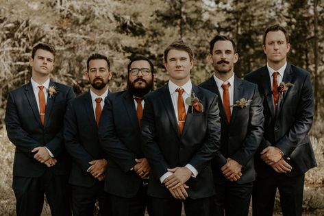 Terra Cotta Suit Wedding, Terra Cotta And Eucalyptus Wedding, Terra Cotta And Black Wedding, Terracotta Bridesmaid And Groomsmen, Groomsmen Attire Orange, Rust Bridesmaid Dress Groomsmen, Burnt Orange Weddings Groomsmen, Black And Burnt Orange Wedding, Terracotta Wedding Groomsmen