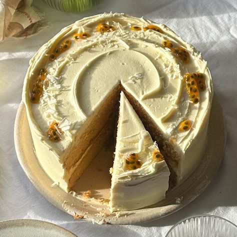 Passion Fruit and White Chocolate Cake Recipe | Recipes from Ocado Chocolate Passionfruit Cake, White Chocolate Cake Recipe, Passion Fruit Cake, Fruit Birthday Cake, White Chocolate Buttercream, White Chocolate Cake, Delectable Desserts, Cake Inspo, British Baking