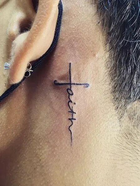 Neck Designs Tattoo Men, Cross On Neck Tattoo Men, Ear Tattoo Ideas For Men, Behind The Ear Tattoo Ideas Strength, Mens Cross Neck Tattoo, Faith Ear Tattoo, Men Behind The Ear Tattoo Ideas, Mens Tattoo Neck, Crosses Behind Ear Tattoo