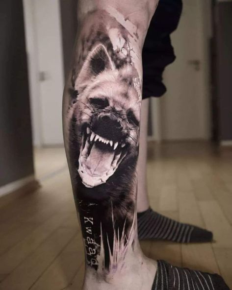 Animal Leg Sleeve Tattoo, Hyena Tattoo Designs, Realistic Animal Tattoos, African Warrior Tattoos, Hyena Tattoo, African Sleeve Tattoo, Calf Sleeve Tattoo, Claw Tattoo, Cute Tattoo Ideas