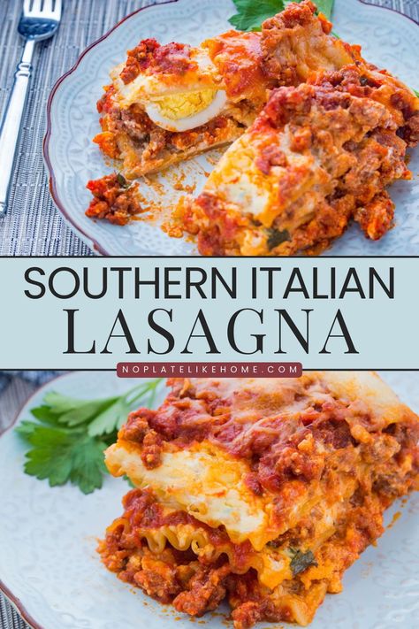 This Southern Italian Lasagna recipe (a.k.a. lasagne al forno) is a traditional lasagna recipe layered with a cheese filling consisting of ricotta, mozzarella and parmesan cheeses, lasagna pasta sheets, a delicious homemade meat sauce made with both beef and Italian pork sausage and some hard-boiled eggs. It’s a southern Italian culinary delight! Sicilian Lasagna Recipe, Southern Lasagna Recipe, Lasagna Recipe Ricotta Cheese, Traditional Lasagna Recipe, Italian Lasagna Recipe, Lasagna Recipe With Ricotta, Italian Pork, Italian Lasagna, Homemade Meat Sauce