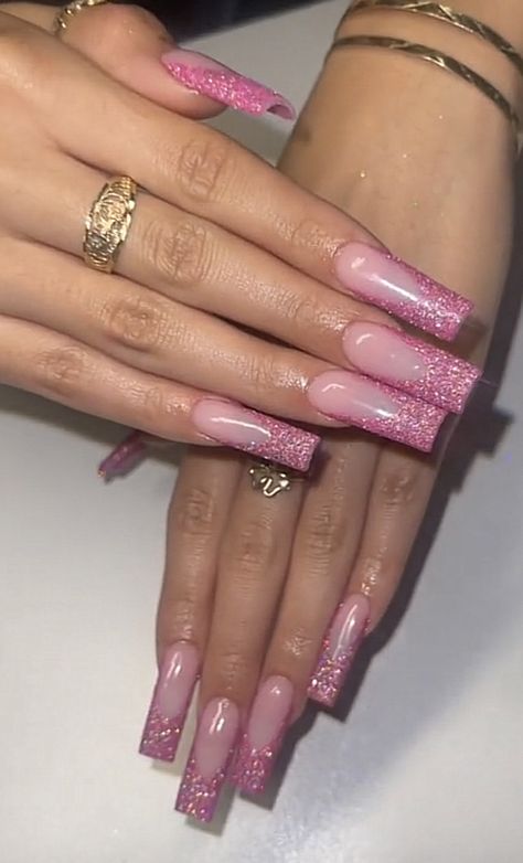 Long Glitter French Tip Nails, Glitter Pink Nails Acrylic, Pink Sparkly Nails Acrylic, Pink Nail Art Designs Glitter, Pink Latina Nails, Pink French Tip Nails With Glitter, Deep V French Tip Nails, Glitter French Tips Acrylics, Sparkly Pink Acrylic Nails