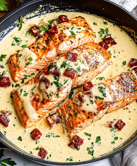 Mediterranean Recipes Salmon, Mediterranean Salmon Recipes, Fish Parmesan, Parmesan Cream Sauce Recipe, Creamy Tuscan Salmon, Tuscan Salmon Recipe, Tuscan Salmon, Cream Sauce Recipe, Savory Recipe