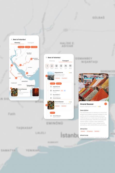 Modern and simple design for travel app that allows to create or select itinerary, view transport and spots and read more about each destination. Travel Itinerary Design, Travel App Design, Trip Planner App, Diary App, App Map, Travel Agency Website, Itinerary Design, Journal App, Agency Website Design