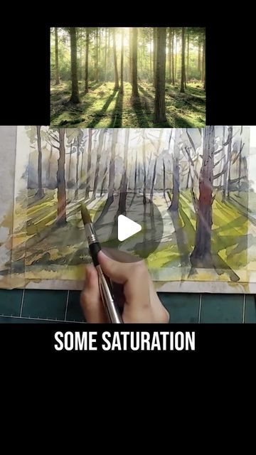 Light Watercolor Painting, How To Paint Shadows In Watercolor, Sunlight Watercolor, Sun In Hair, Paint Sun, How To Paint Sunlight Through Trees, Sun Shining Through Trees, Forest Sun Rays Painting, Sunlight Shining Through Trees