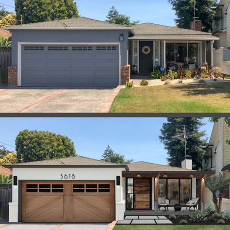 Upgrade House Exterior, Exterior House Colors Before And After, Terrace Above Garage, Stucco With Wood Accent, Upgrade Exterior Of House, Ranch Curb Appeal Landscaping, Garage In Front Of House Curb Appeal, Kitchen Makeover Ideas Modern, California Aesthetic Home Exterior