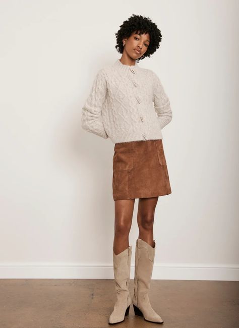 Tan Suede Mini Skirt – Mint Velvet Cream Knitwear, Suede Skirt Outfit, Tan Suede Skirt, Skirt Images, Midi Flare Skirt, Wardrobe Classic, Skirt Trends, Suede Mini Skirt, Chic Shoes