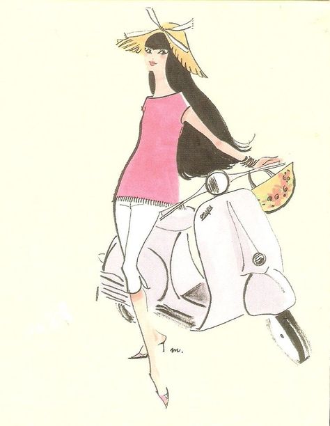 Morimoto Miyuki - The Fashiongton Post Vespa Illustration, 2000s Cartoons, Bike Illustration, Bag Illustration, Japanese Graphic Design, Japan Art, Cool Cartoons, Funky Art, Pretty Art