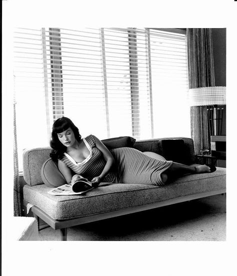 Bunny Yeager, Bettie Page on Couch-Coral Gable FL, 1954, Denise Bibro Fine Art Bettie Page Photos, Bunny Yeager, Coral Gables Florida, Pin Up Photos, Pin Up Model, Bettie Page, Coral Gables, Shared Rooms, Vintage Pinup