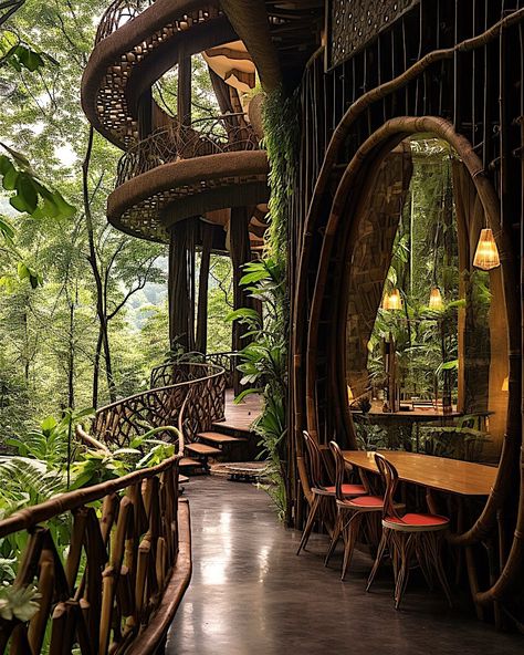 Tree Building Architecture, Rainforest House Architecture, Tree Canopy Architecture, Rainforest Interior Design, Fantasy Treehouse Interior, Nature House Architecture, Rainforest Architecture, Madagascar Architecture, Rainforest Treehouse