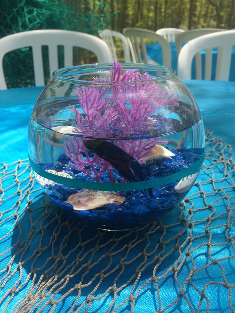 Mermaid Theme Table Decor, Mermaid Theme Centerpieces, Mermaid Birthday Centerpieces, Under The Sea Centerpiece Ideas Diy, Oneder The Sea Centerpieces, Mermaid Party Centerpiece, Live Fish Centerpieces, Mermaid Centerpieces, Centerpieces With Fish In Them