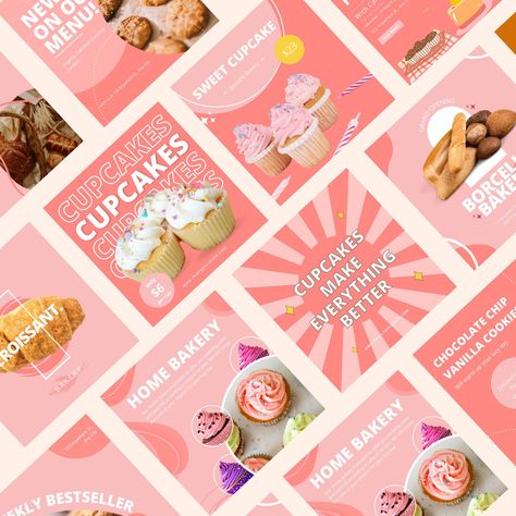 Pink cupcake branding templates for bakery businesses to create an elegant and stylish look on #Dessert_Instagram_Feed #Bakery_Social_Media_Design #Instagram_Product_Post_Ideas #Bakery_Instagram_Feed Bakery Social Media Design, Cake Social Media Design, Bakery Instagram Feed, Templates Aesthetic Instagram, Cupcake Branding, Bakery Instagram, Cupcake Rose, Instagram Photoshop, Templates Aesthetic