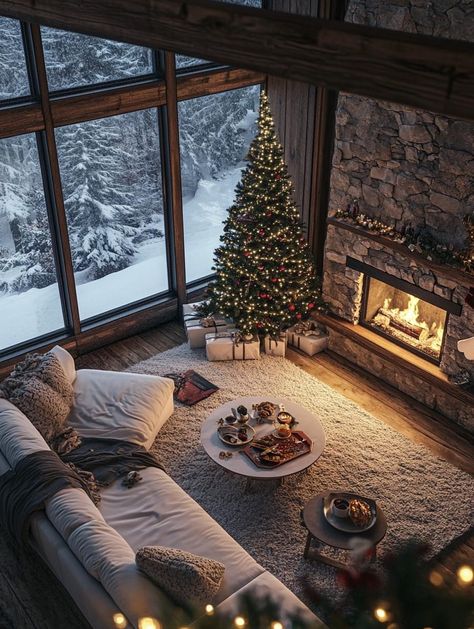 Winter Aesthetic House, Switzerland House Interiors, Snowy Cabin Aesthetic, Luxury Winter Cabin, Winter Home Interior, Cabins In The Snow, Lower Living Room, Cabin Snow, Luxury Chalet Interior