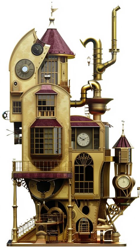 #SurrealSteampunkHouse #PopArt #GoldAndBurgundy #WhiteBackground #9:16AspectRatio #TheCandie Victorian House Concept Art, Steampunk Architecture Concept Art, Steampunk Building Concept Art, Steampunk House Exterior, Steam Punk House, Steampunk Diorama, Steampunk Birdhouse, Steampunk Concept Art, Steampunk Village