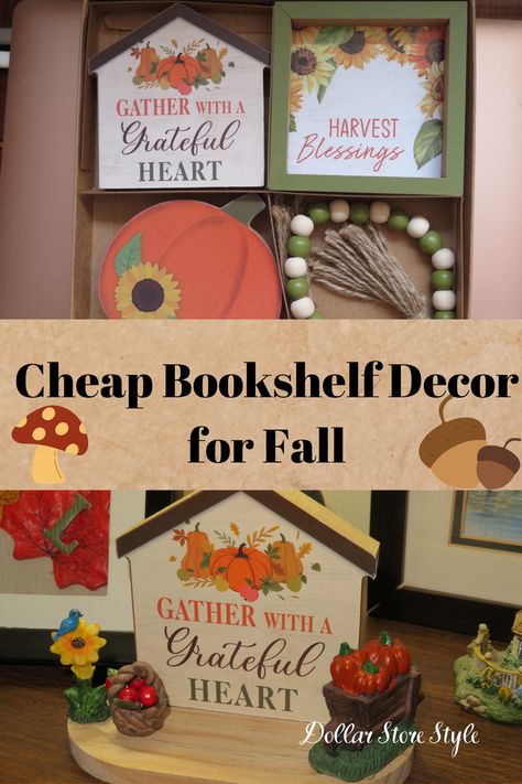 I came across a 4-piece set of small wood decor pieces for fall at Dollarama. They are probably intended for use on a tiered tray, but I had an idea that they could be enhanced to help decorate a bookcase. Style a bookshelf for the fall season according to your space and personal decor preferences.

Here’s how to create cheap bookshelf decor for fall using tiered tray decor and Dollar Tree miniatures. Small Wood Decor, Decorate A Bookcase, Style A Bookshelf, Cheap Bookshelves, Stick Letters, Smooth Rock, Apple Baskets, Pile Of Books, Bookcase Decor