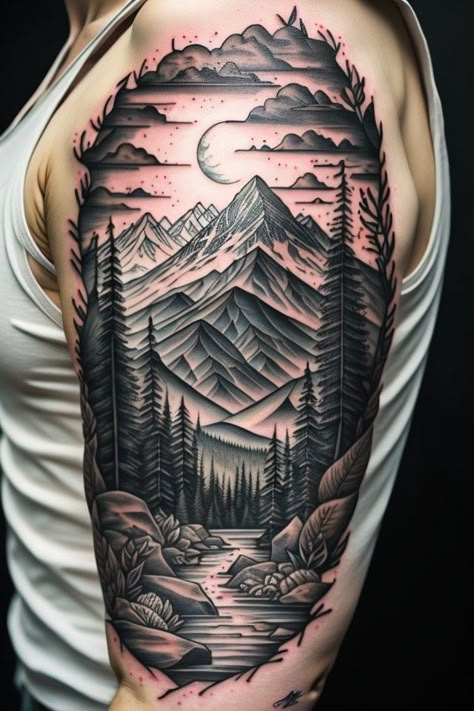 Cow Tattoo Realistic, Mountain Tattoo Sleeve Women, Outdoor Tattoo For Women, Wilderness Tattoo Sleeve, Bubba Tattoo, Mountain Scene Tattoo, Volcano Tattoo, Hiking Tattoos, Mountain Sleeve Tattoo