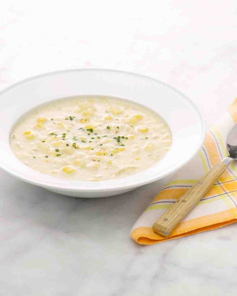 Summer Corn Chowder from Martha Stewart. Mix equal portions of this with the spicy rhubarb lentil soup on this board for real taste treat! Martha Stewart Cooking School, Summer Corn Chowder, Swiss Chard Recipes, Chard Recipes, Martha Stewart Recipes, Corn Chowder Recipe, Chowder Recipe, Creamy Corn, Summer Veggies