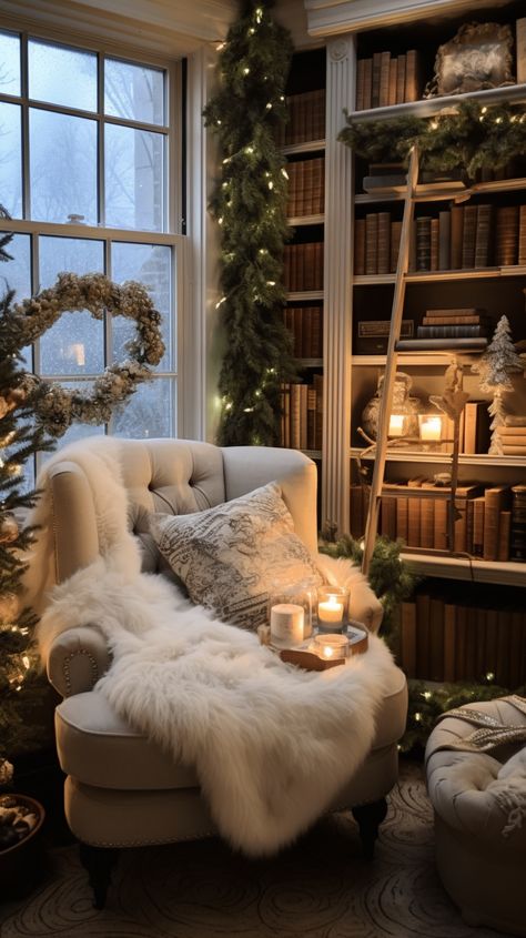 Author life - holiday themed office / reading corner. Home office for full time author. Learn how to become a full time author on TikTok today! www.AlyneDigital.com Cozy Reading Chair Aesthetic, Perfect Reading Chair, Reading Corner Adult, Adult Reading Corner, Corner Reading Nook Living Room, Book Corner Ideas Bedroom Cozy Nook Reading Areas, Cozy Home Library Reading Space, Reading Corner Aesthetic, Reading Couch