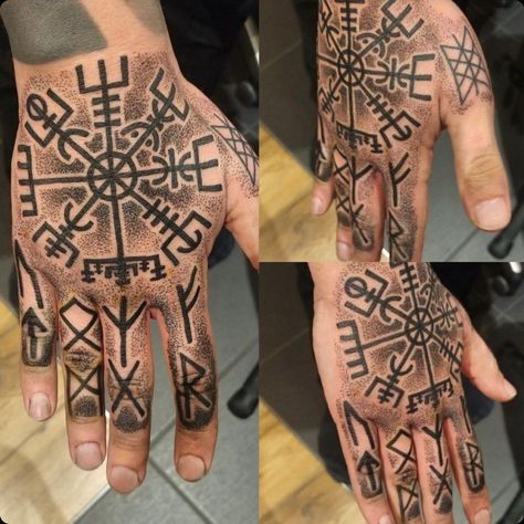 Vegvisir Hand Tattoo, Viking Hand Tattoos For Guys, Nordic Hand Tattoo, Norse Hand Tattoo, Viking Hand Tattoo, Web Of Wyrd Tattoo, Icelandic Runes, Vegvisir Tattoo, Tatuaje Trash Polka