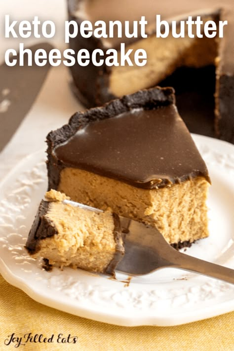 One slice of this Keto Peanut Butter Cheesecake and you're going to be hooked. Not only is it creamy and delicious but it's full of rich chocolate flavor as well. This homemade cheesecake is sugar-free, gluten-free, and low-carb, too. Make this decadent dessert as the perfect ending to a great Valentine's Day Date night in. Keto Peanut Butter Cheesecake, Peanut Butter Cheesecake Recipes, Keto Peanut Butter, Joy Filled Eats, Homemade Cheesecake, Lost 100 Pounds, Low Carb Low Sugar, Best Low Carb Recipes, Peanut Butter Cheesecake