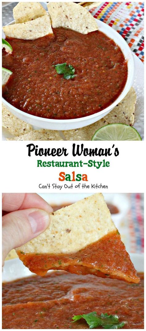 Restaurant-Style Salsa.  Restaurant-Style Salsa    Print Prep time 10 mins Total time 10 mins   This amazing salsa recipe is so quick and easy, you can whip it up in 10 minutes or less! Healthy, low calorie, gluten free and vegan. Author: Teresa Ambra - recipe from The Pioneer Woman Recipe type: Appetizer Cuisine: Tex-Mex Serves: 12 Ingredients 1 28-oz. can whole tomatoes, undrained 2 10-oz. cans diced tomatoes and green chilies, undrained ¼ cup chopped onion 1 clove garlic, minced 1 whole Ree Drummond Salsa Recipe, Restaurant Style Salsa, Salsa Guacamole, Ree Drummond, Salsa Recipe, Salsa Verde, Mexican Dishes, Pioneer Woman, Tex Mex