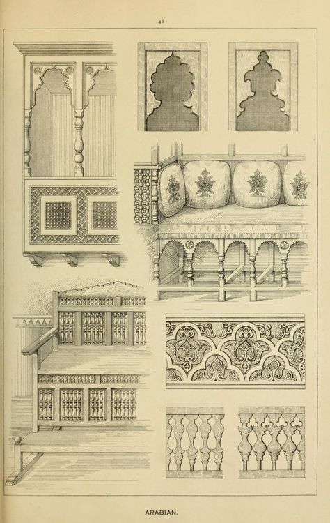 Elements of style in furniture and woodwork, be... Arabian Architecture, Mughal Architecture, Motif Art Deco, Casa Country, Architecture Concept Drawings, Architecture Drawing Art, Islamic Art Pattern, Indian Architecture, Arabic Art