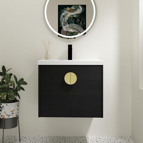 Amazon.com: SSLine Modern 24" Floating Bathroom Vanity with Sink Wall Mounted Bathroom Vanity with Top Basin & Storage Cabinet Luxury Black Wood Hanging Vanity w/Ceramic Sink & Gold Handles for Small Space : Tools & Home Improvement Hanging Vanity, Wall Mounted Bathroom Vanity, Mounted Bathroom Vanity, Black Vanity Bathroom, Small Bathroom Sinks, Bathroom Vanity With Sink, Vanity With Sink, Small Bathroom Vanities, Floating Bathroom Vanity