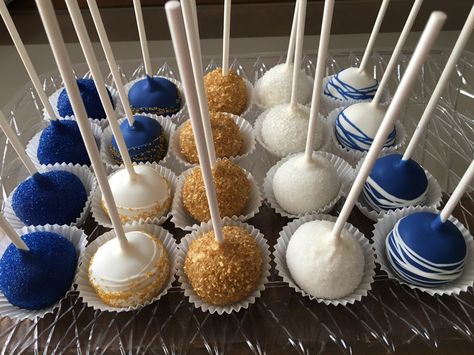 Blue And Gold Dessert Table Ideas, Royal Blue And Gold Cake Pops, Cake Pops Blue And Gold, Blue And Gold Rice Krispie Treats, Royal Blue And Gold Treats, Royal Blue And Gold Dessert Table, Blue And Gold Candy Table, Blue And Gold Cookies, Blue And Gold Grad Party