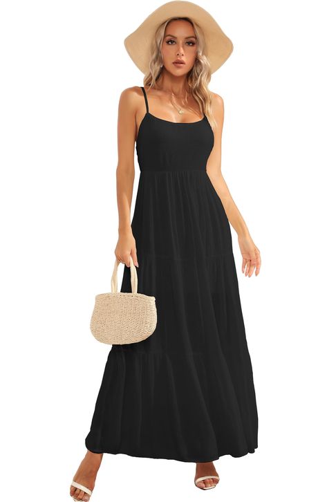 PRICES MAY VARY. Material: 100% cotton, soft, breathable and skin-friendly, crafted from light and breathable fabric, this flowing maxi dress is both stylish and comfortable in warm weather. Features: Women beach wedding dress features with a sexy open boat neckline, pleated ruffle hem, babydoll style, loose fit, maxi dress with backless lacing. Sleeveless and adjustable spaghetti straps, the slim spaghetti straps are adjustable, allowing for a personalized fit that flatters a range of body type Black Flowy Sundress, Casual Long Black Dress, Spaghetti Strap Dress With Jacket, Long Black Dress Casual, White Sundress Long, Black Beach Dress, Backless Sundress, Flowy Black Dress, Maxi Dress Flowy