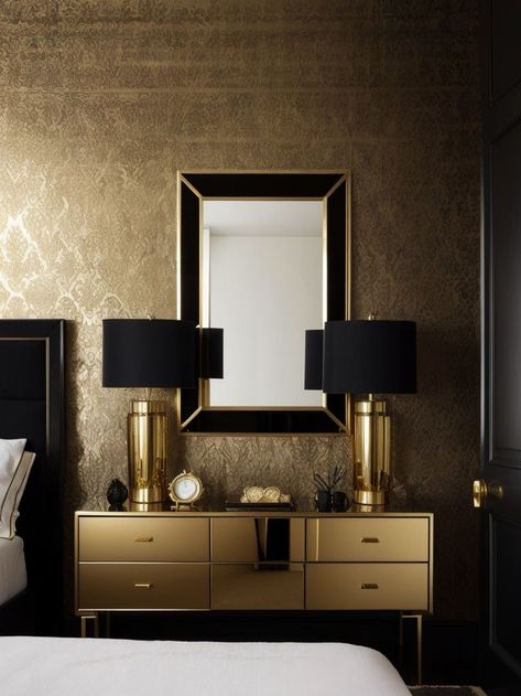 Go for a bold statement by creating an accent wall in black and gold. Add a touch of glamour with metallic gold wallpaper or paint, and accessorize with black frames, mirrors, or wall decals for a chic and luxurious look in your bedroom. Gold Accents Bedroom, Black And Gold Bedroom, Gold Wallpaper Bedroom, Bedroom Accent Wall, Gold Bedroom, Accent Wall Bedroom, Bedroom Accent, Black Frames, Gold Wallpaper