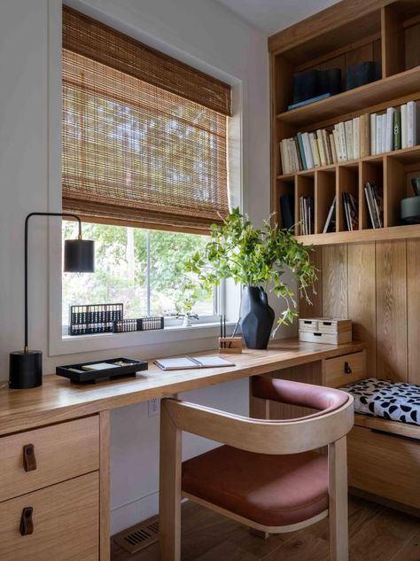 Writing Desk In Front Of Window, Desk With Window Above, Round Desk Ideas, Diy Built In Around Window, Wall Shelves Over Desk, Desk Between Windows, Under Window Desk, Desk Window Ideas, Window Desk Ideas