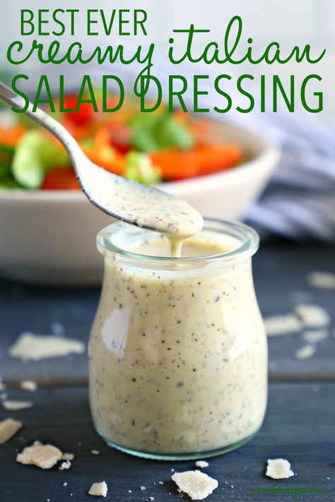 This Classic Creamy Italian Salad Dressing recipe is one for the books! It's packed with delicious herbs and makes the perfect creamy addition to any garden salad! And it's SO easy to make and healthy too! Recipe from thebusybaker.ca! #saladdressing #salad #easyrecipe #italian #fresh #homemade #masonjar #blender #dressing #dip #spread #condiment #herbs #parmesan #vegetarian #healthy #cleaneating Creamy Italian Salad Dressing, Italian Salad Dressing Recipe, Green Chef Recipes, Healthy Dressing Recipes, Italian Dressing Recipes, Salad Dressing Recipes Healthy, Creamy Salad Dressing, Green Chef, Salad Dressing Recipe