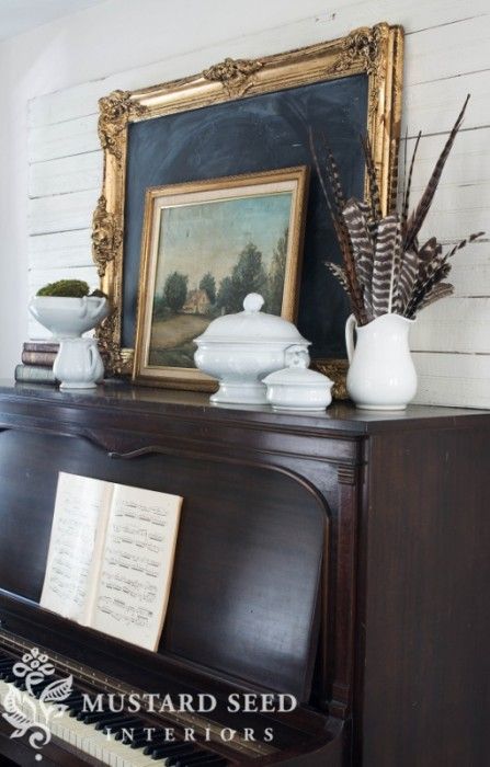 Lovely vignette for the top of a piano Styling A Piano Top, Styling An Upright Piano, How To Style A Piano Top, Old Piano Decor, Piano Mirror Decor, Top Of Piano Decor, Piano Decorating Ideas Top Of, Antique Piano Decor, Piano Vignette