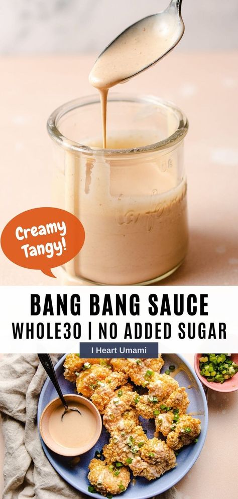 This bang bang sauce is creamy, tangy, a little spicy, and ready in under 5 minutes! Use all pantry ingredients with no added sugar. #dressing #keto #lowcarb #whole30 #bangbangsauce Whole30 Sauces, Bang Bang Sauce Recipe, Whole 30 Sauces, Paleo Sauce, Paleo Basics, Umami Recipes, Paleo Sandwich, Budget Friendly Dinner Recipes, Crispy Food